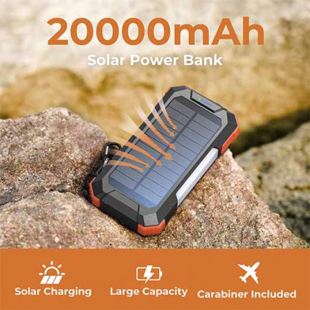 VEXOR, Павербанк з сонячною панеллю, ліхтариками та карабіном на 20 000Mah (3,7В/74 Вт/год), пластик ABS