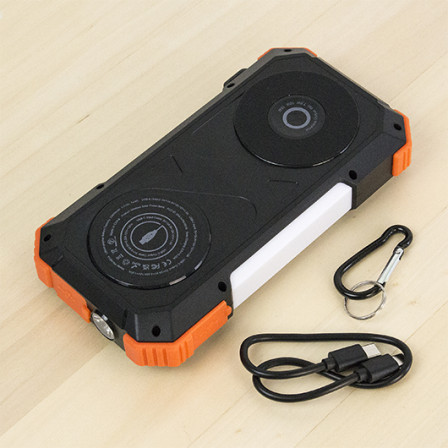 Павербанк 20 000Mah/74Wh з сонячною панеллю, LED ліхтарем та світильником. Бездротова зарядка 15W, карабін та подовжений кабель Type-C, VEXOR