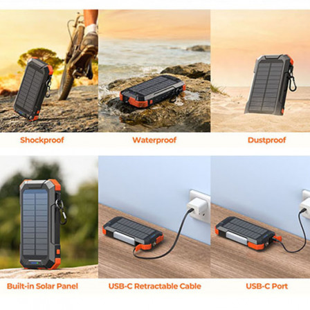 VEXOR, Павербанк з сонячною панеллю, ліхтариками та карабіном на 20 000Mah (3,7В/74 Вт/год), пластик ABS