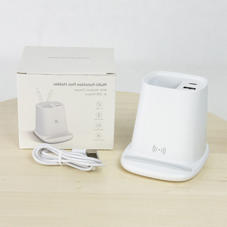 Підставка для ручок та телефону REJA з бездротовою зарядкою 5W та зарядний кабель з Type C, пластик