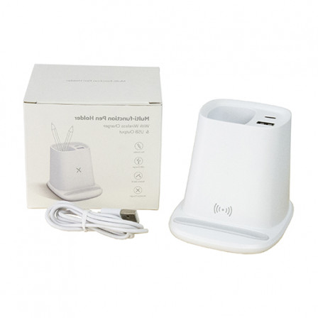 Підставка для ручок та телефону REJA з бездротовою зарядкою 5W та зарядний кабель з Type C, пластик